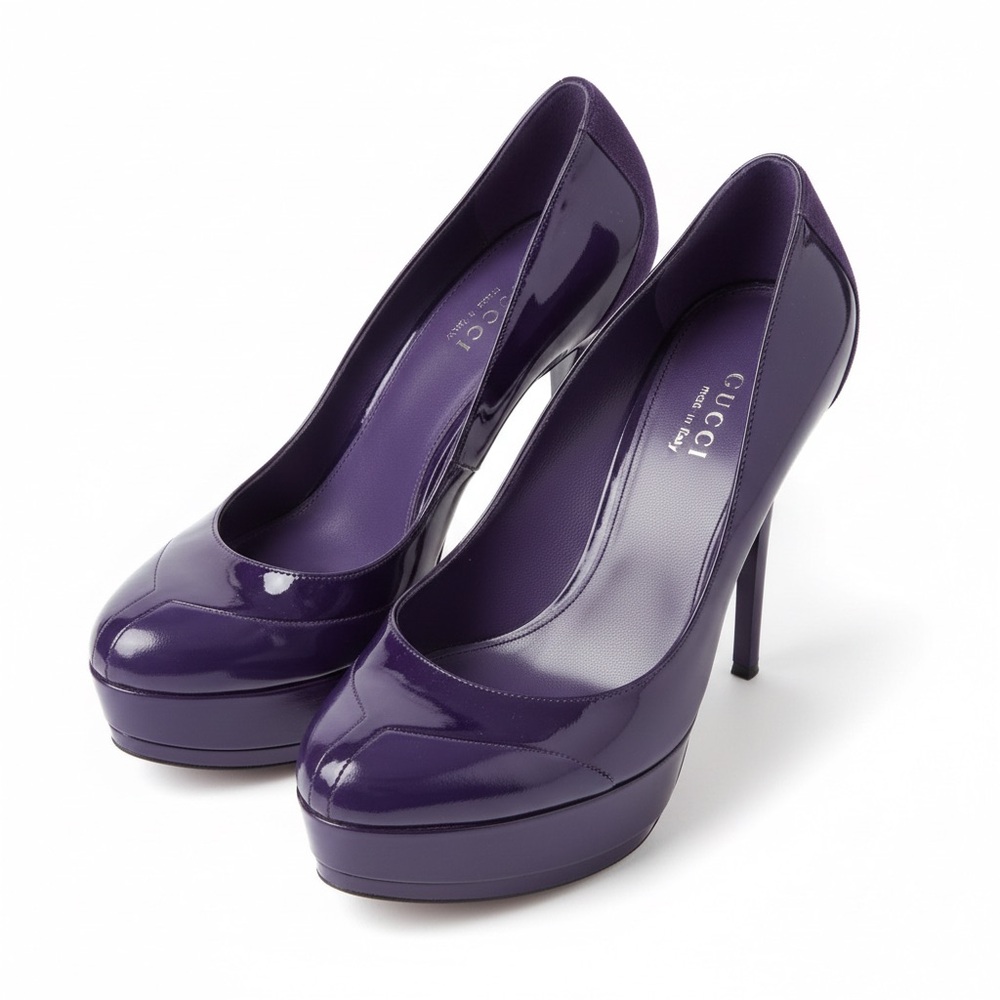 Gucci Purple Patent Leather Platform Stiletto Pumps Suede Heel 38.5 US 8.5